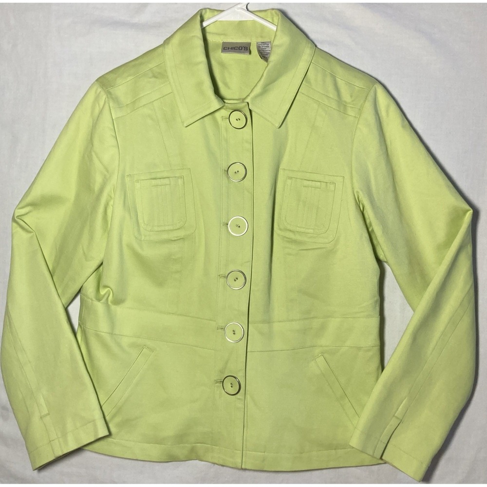Chico'sCotton‎ Button Up Jacket Soft Lime Green Women Size Medium Lined Blazer